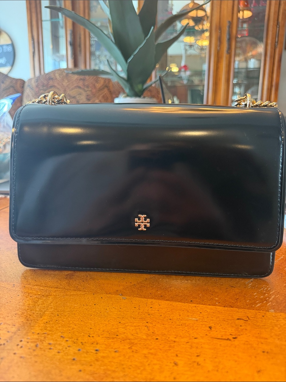 Tory Burch Black Patent Leather Crossbody with Gold Chain